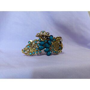 Vintage Gold-Tone Hair Claw Clip With Blue Crystal & Gemstone Accents